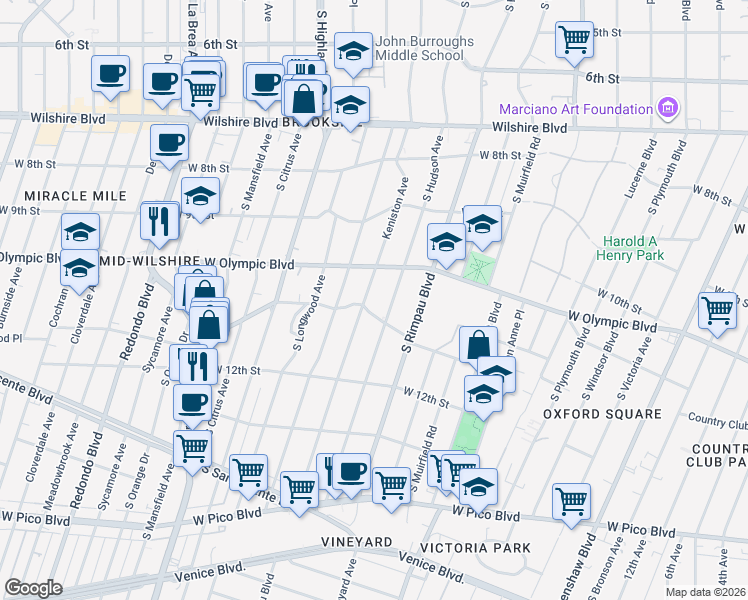 map of restaurants, bars, coffee shops, grocery stores, and more near 1036 Keniston Avenue in Los Angeles