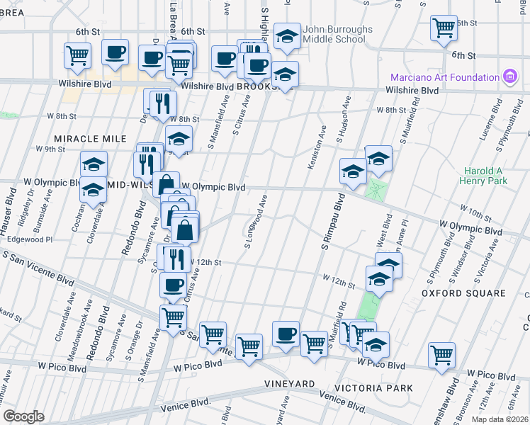 map of restaurants, bars, coffee shops, grocery stores, and more near 1040 South Longwood Avenue in Los Angeles