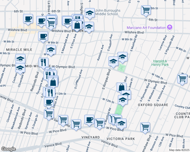 map of restaurants, bars, coffee shops, grocery stores, and more near 1036 Keniston Avenue in Los Angeles