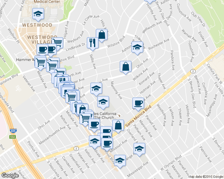 map of restaurants, bars, coffee shops, grocery stores, and more near 1561 Manning Avenue in Los Angeles