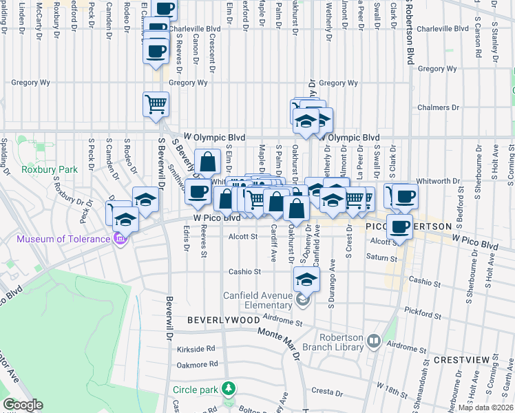 map of restaurants, bars, coffee shops, grocery stores, and more near 1143 Glenville Drive in Los Angeles