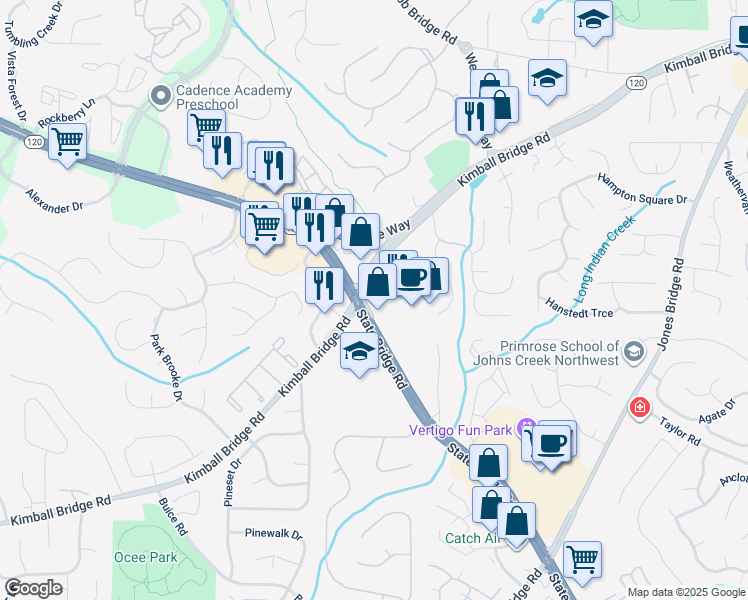 map of restaurants, bars, coffee shops, grocery stores, and more near 11110 State Bridge Road in Alpharetta