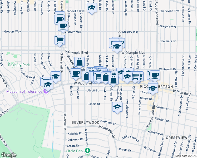map of restaurants, bars, coffee shops, grocery stores, and more near 1143 Glenville Drive in Los Angeles