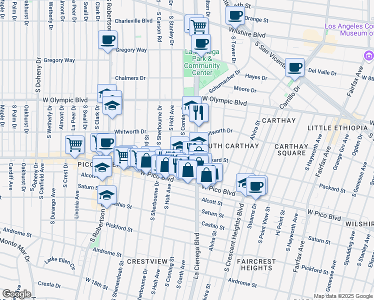 map of restaurants, bars, coffee shops, grocery stores, and more near 1138 South Corning Street in Los Angeles