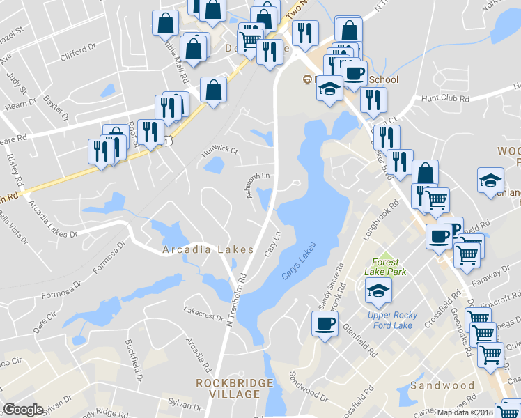 map of restaurants, bars, coffee shops, grocery stores, and more near 23 Ashworth Lane in Columbia