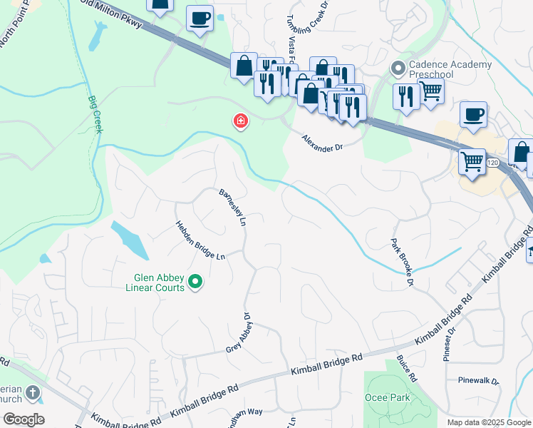 map of restaurants, bars, coffee shops, grocery stores, and more near 240 Harrogate Way in Alpharetta