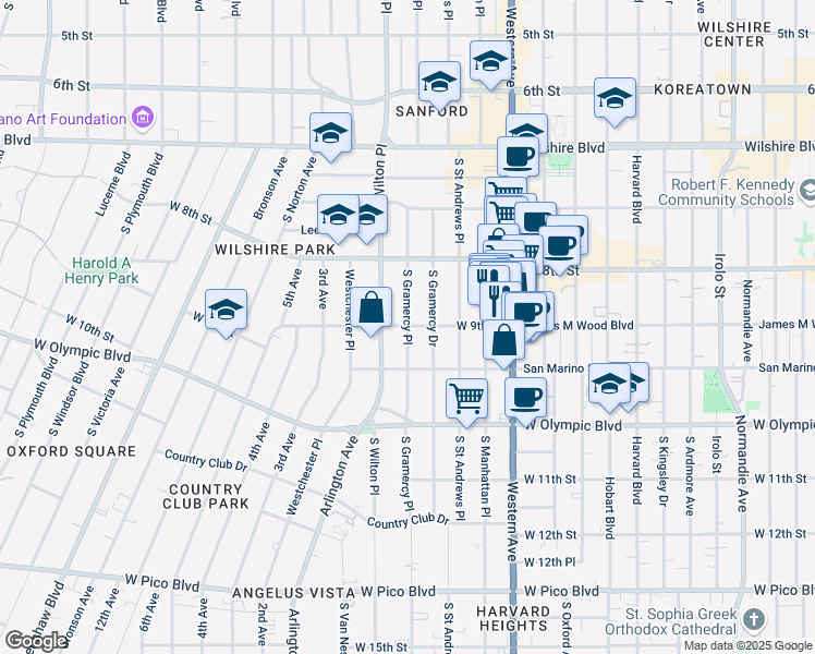 map of restaurants, bars, coffee shops, grocery stores, and more near S Gramercy Pl & W 9th St in Los Angeles