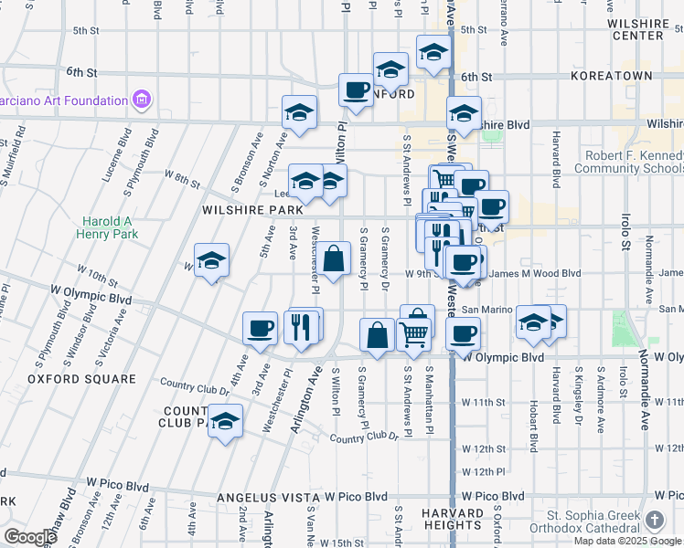 map of restaurants, bars, coffee shops, grocery stores, and more near South Wilton Place & West 9th Street in Los Angeles
