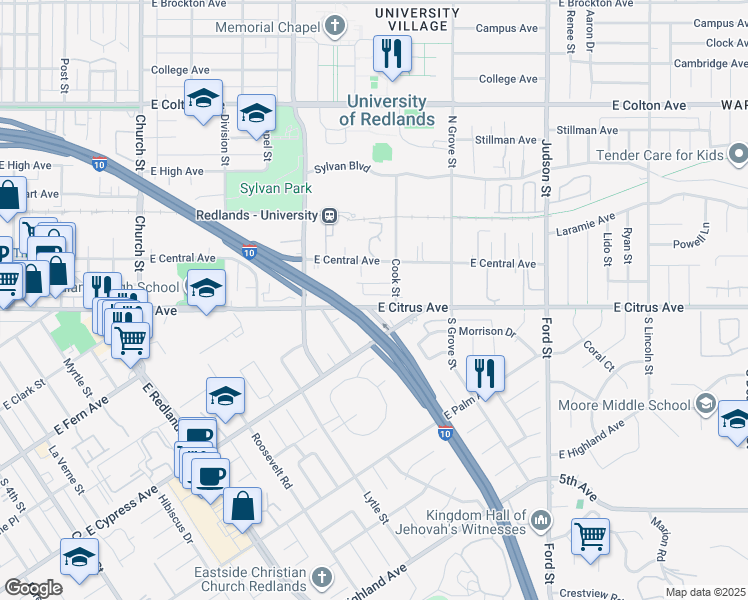 map of restaurants, bars, coffee shops, grocery stores, and more near 1131 East Citrus Avenue in Redlands