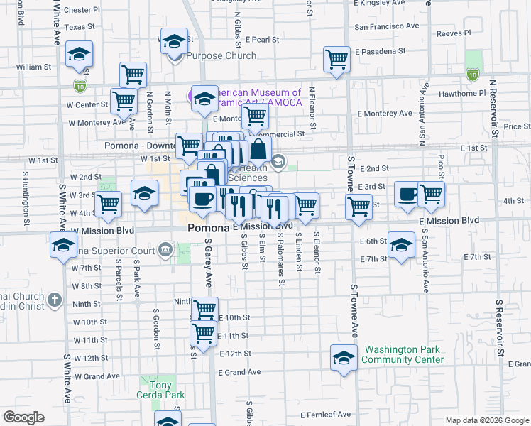 map of restaurants, bars, coffee shops, grocery stores, and more near 400 4th Street in Pomona