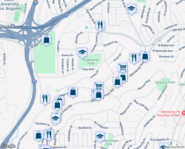 map of restaurants, bars, coffee shops, grocery stores, and more near 1737 Arriba Drive in Monterey Park