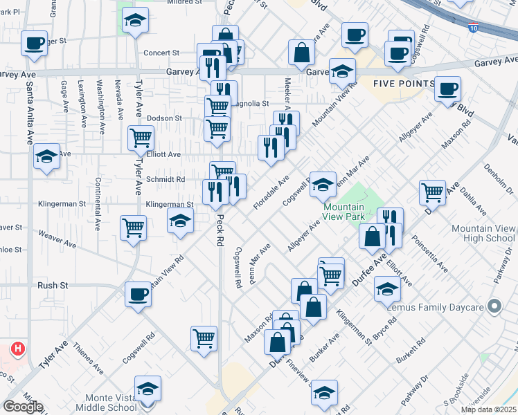 map of restaurants, bars, coffee shops, grocery stores, and more near 2426 Floradale Avenue in El Monte