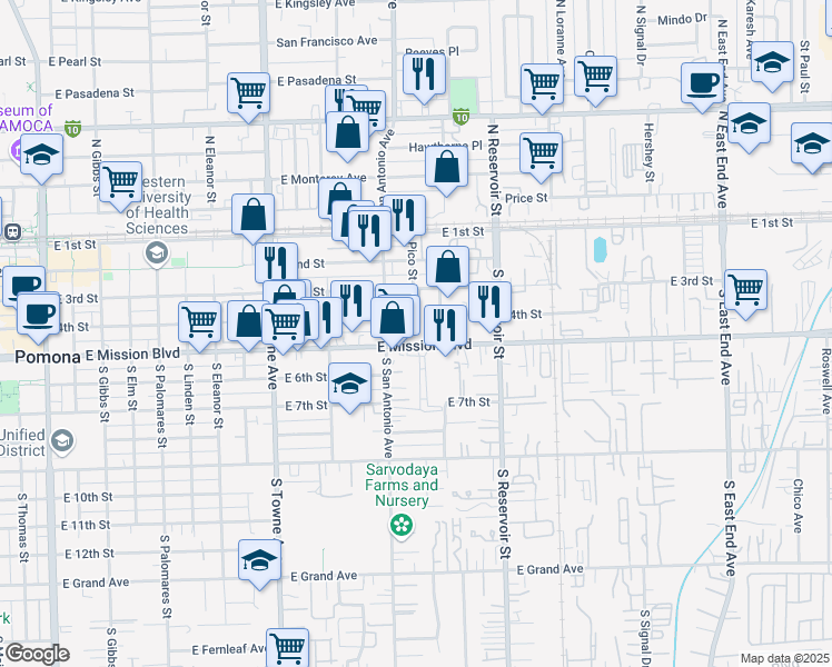 map of restaurants, bars, coffee shops, grocery stores, and more near 1057 East Mission Boulevard in Pomona