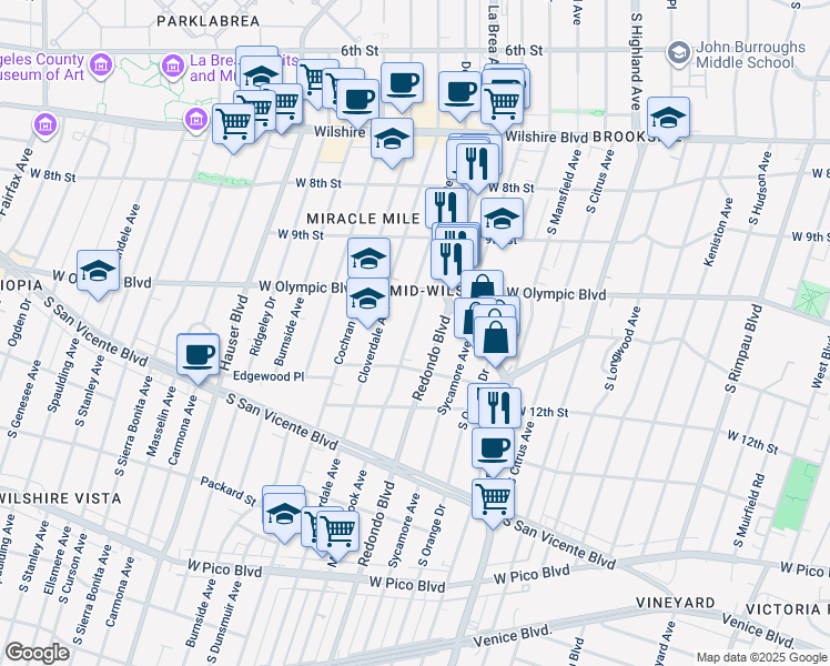 map of restaurants, bars, coffee shops, grocery stores, and more near 1044 Meadowbrook Avenue in Los Angeles