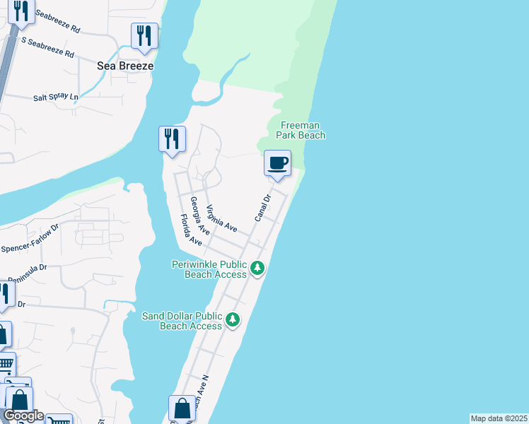 map of restaurants, bars, coffee shops, grocery stores, and more near 1715 Canal Drive in Carolina Beach