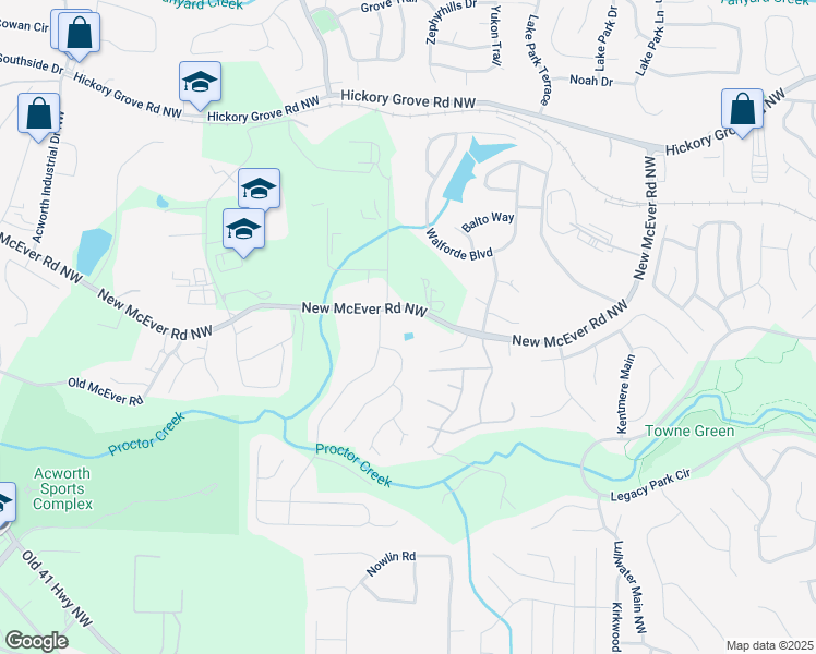 map of restaurants, bars, coffee shops, grocery stores, and more near 3311 New McEver Road Northwest in Acworth