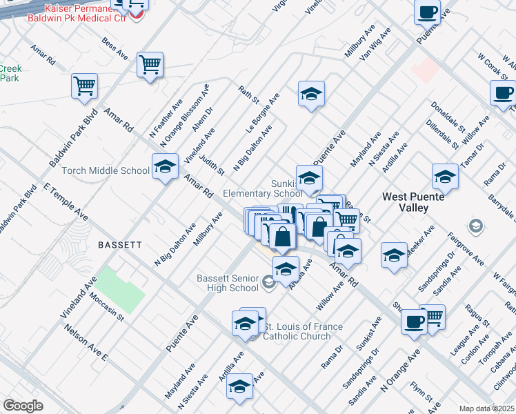 map of restaurants, bars, coffee shops, grocery stores, and more near 13720 Judith Street in La Puente