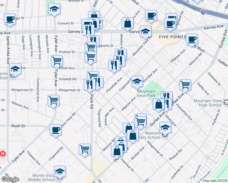 map of restaurants, bars, coffee shops, grocery stores, and more near 2445 Cogswell Road in El Monte