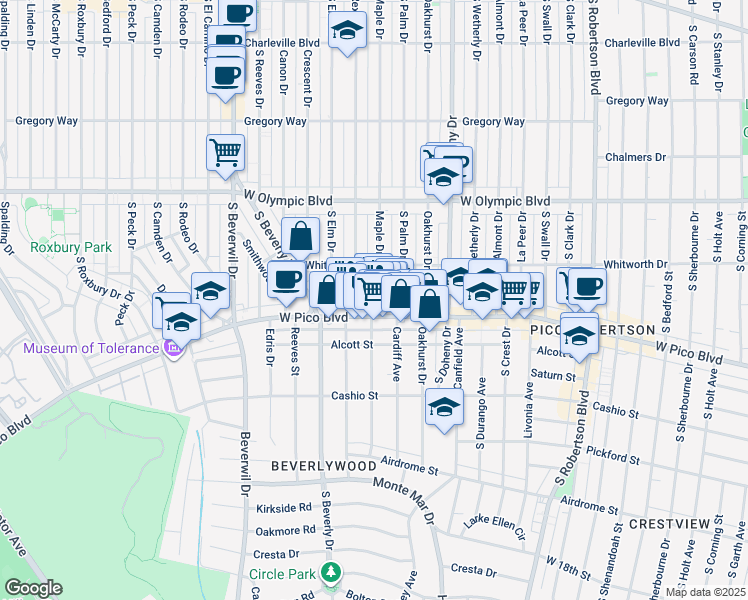 map of restaurants, bars, coffee shops, grocery stores, and more near 1140 Rexford Drive in Los Angeles