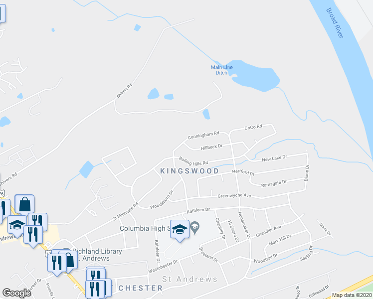 map of restaurants, bars, coffee shops, grocery stores, and more near 2104 Hillbeck Drive in Columbia