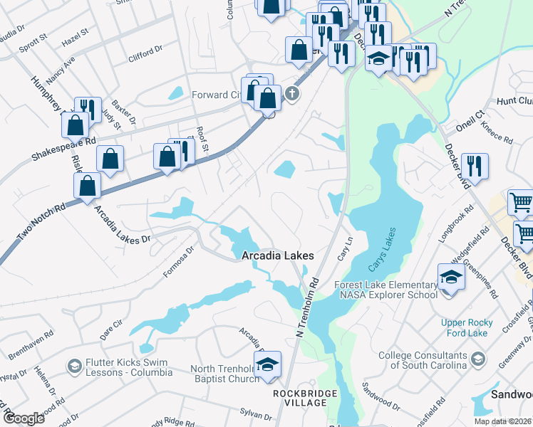 map of restaurants, bars, coffee shops, grocery stores, and more near 6612 Arcadia Woods Road in Columbia