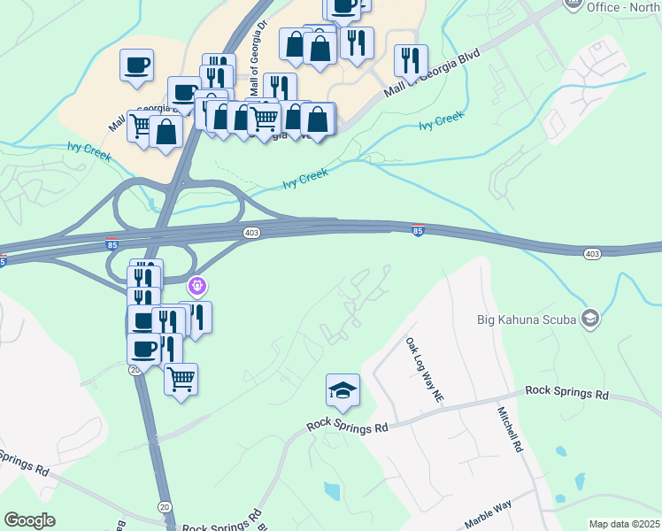 map of restaurants, bars, coffee shops, grocery stores, and more near 1525 Laurel Crossing Parkway Northeast in Buford
