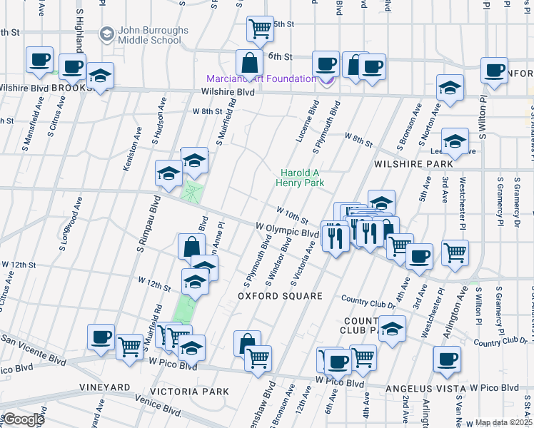 map of restaurants, bars, coffee shops, grocery stores, and more near 1014 South Lucerne Boulevard in Los Angeles