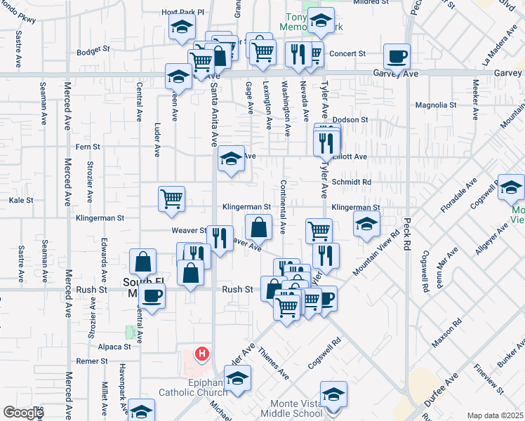 map of restaurants, bars, coffee shops, grocery stores, and more near 10808 Klingerman Street in South El Monte