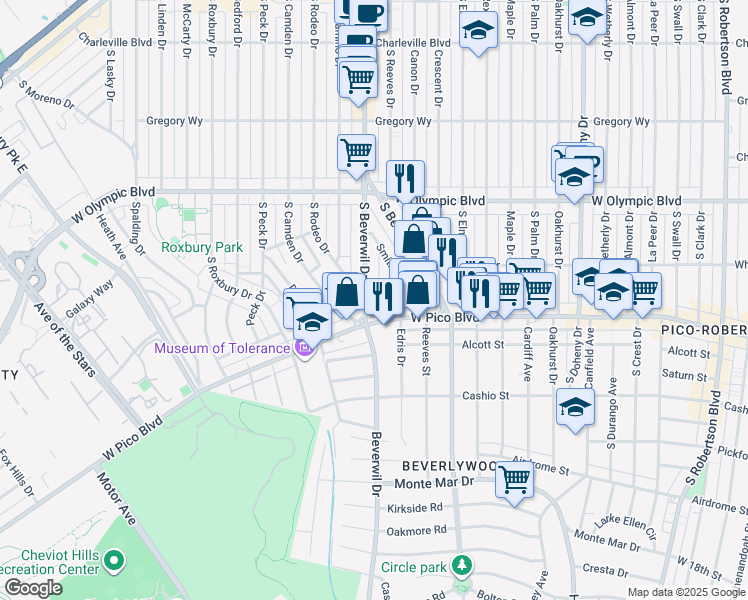 map of restaurants, bars, coffee shops, grocery stores, and more near 1204 Beverwil Drive in Los Angeles