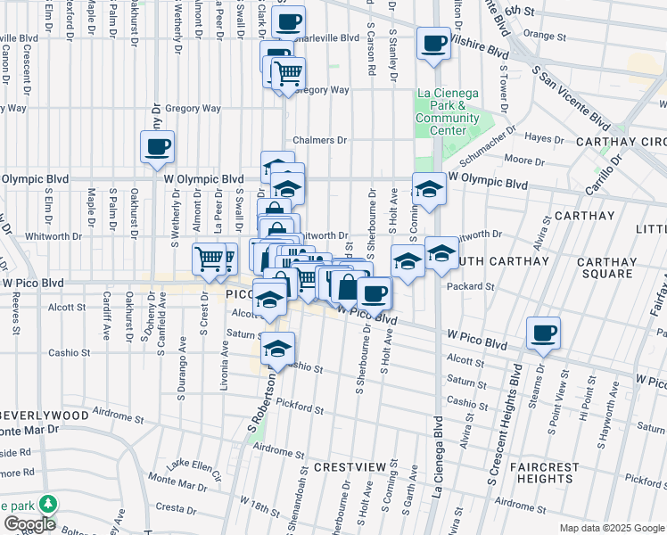 map of restaurants, bars, coffee shops, grocery stores, and more near 1140 South Shenandoah Street in Los Angeles