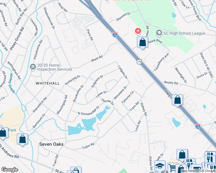 map of restaurants, bars, coffee shops, grocery stores, and more near 106 Wilkshire Drive in Columbia