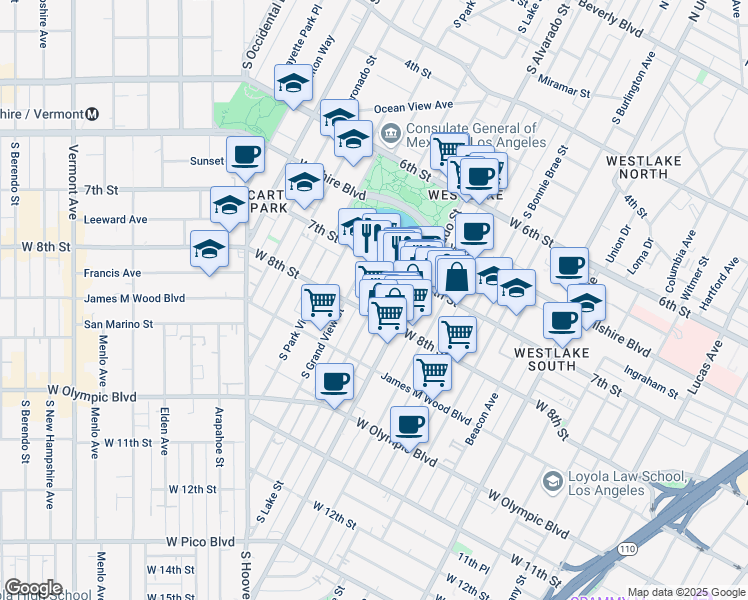 map of restaurants, bars, coffee shops, grocery stores, and more near 730 South Lake Street in Los Angeles