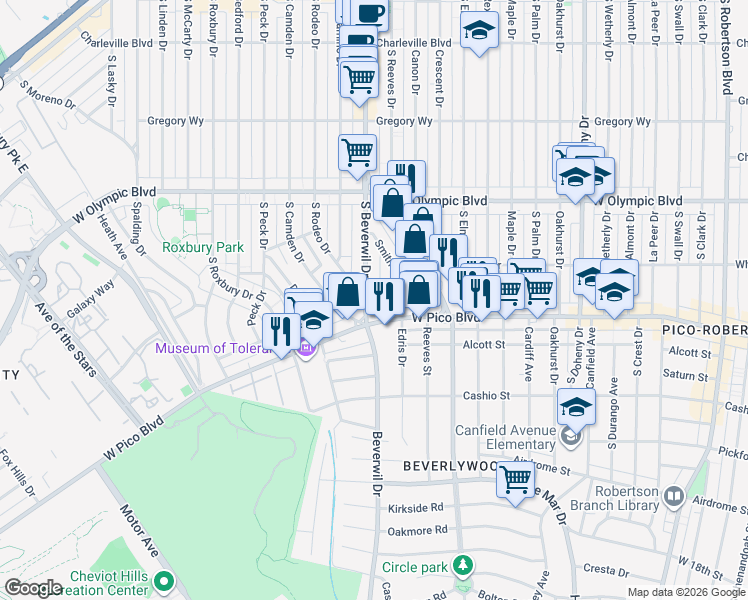 map of restaurants, bars, coffee shops, grocery stores, and more near 1204 Beverwil Drive in Los Angeles