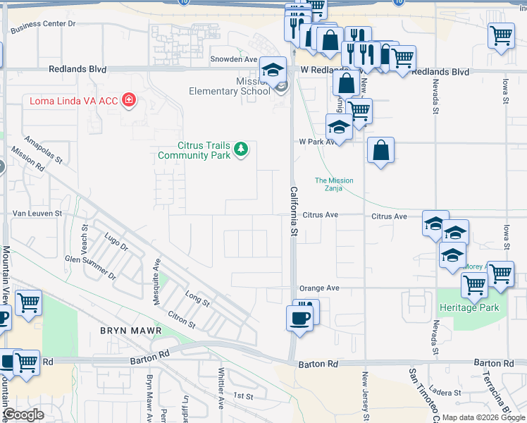 map of restaurants, bars, coffee shops, grocery stores, and more near 26418 Citrus Avenue in Loma Linda