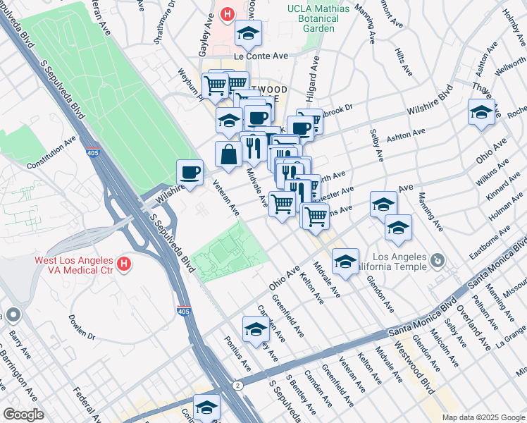 map of restaurants, bars, coffee shops, grocery stores, and more near 10959 Rochester Avenue in Los Angeles