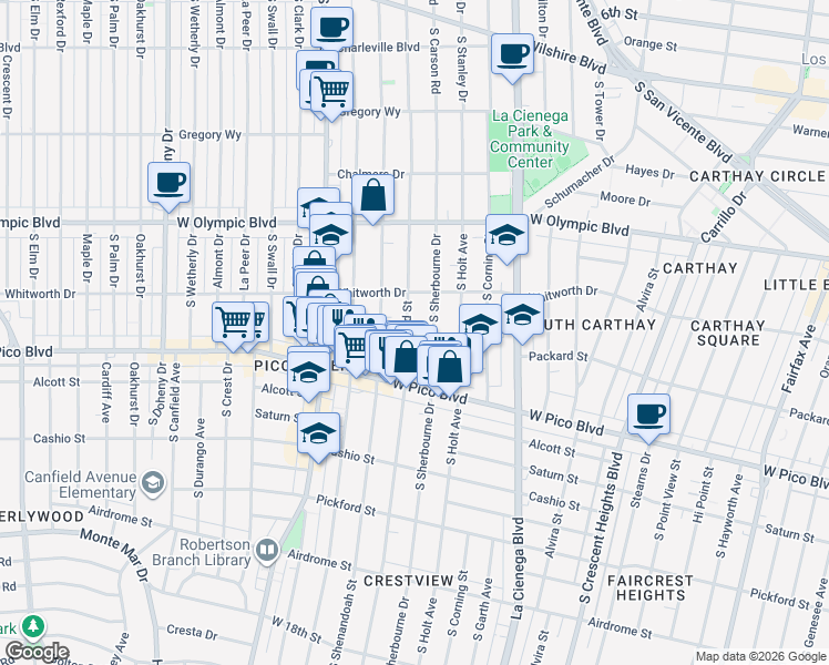 map of restaurants, bars, coffee shops, grocery stores, and more near 1142 South Bedford Street in Los Angeles