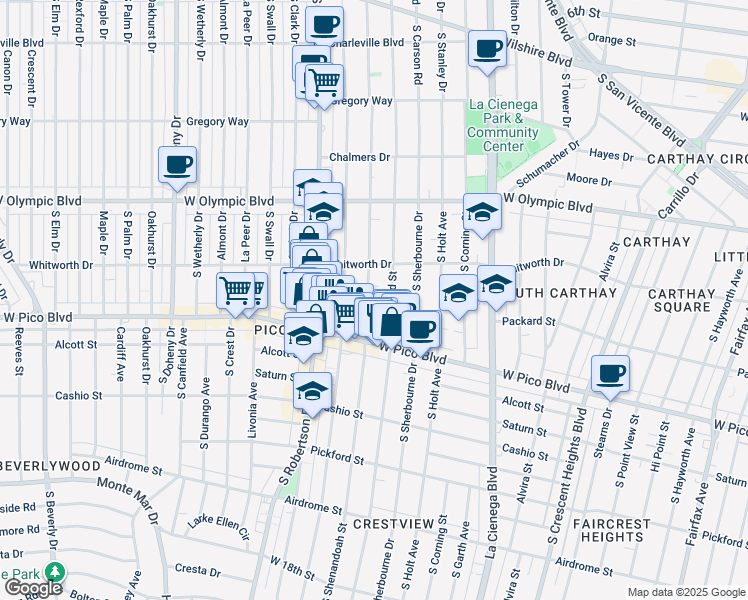 map of restaurants, bars, coffee shops, grocery stores, and more near 1140 South Shenandoah Street in Los Angeles