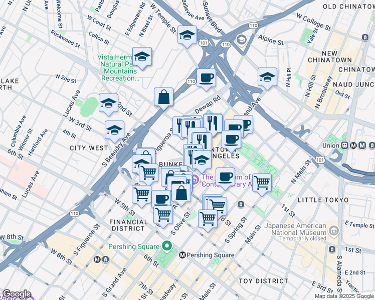 map of restaurants, bars, coffee shops, grocery stores, and more near 121 South Hope Street in Los Angeles