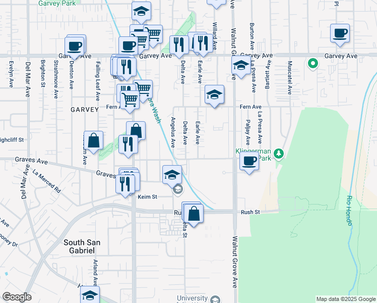 map of restaurants, bars, coffee shops, grocery stores, and more near 2416 Delta Avenue in Rosemead