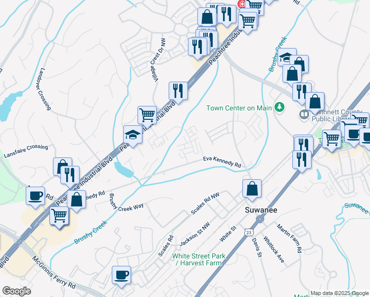 map of restaurants, bars, coffee shops, grocery stores, and more near Finley Street in Suwanee