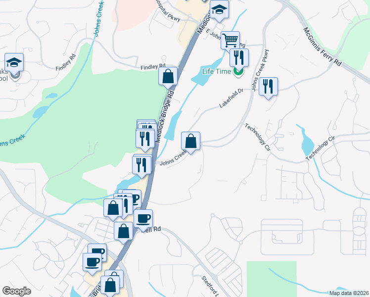 map of restaurants, bars, coffee shops, grocery stores, and more near 11000 Lakefield Drive in Johns Creek