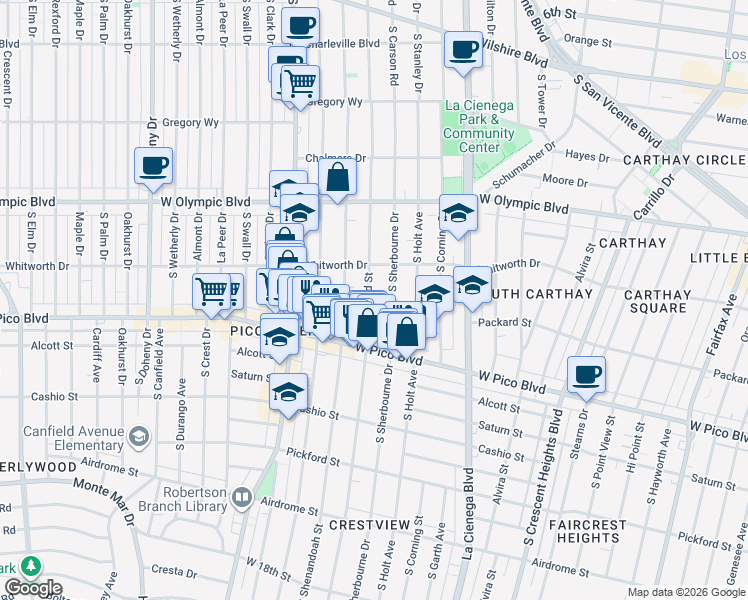 map of restaurants, bars, coffee shops, grocery stores, and more near 1142 South Bedford Street in Los Angeles