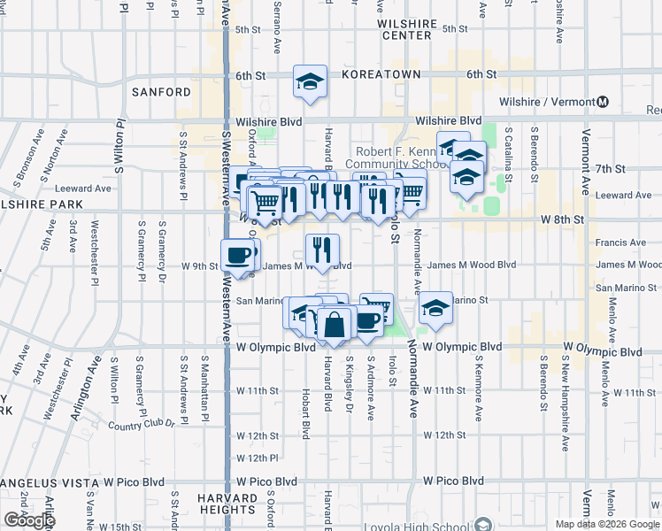 map of restaurants, bars, coffee shops, grocery stores, and more near West 9th Street in Los Angeles