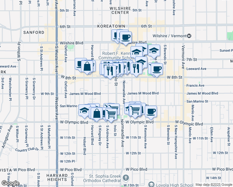 map of restaurants, bars, coffee shops, grocery stores, and more near Irolo Street & James M Wood Boulevard in Los Angeles