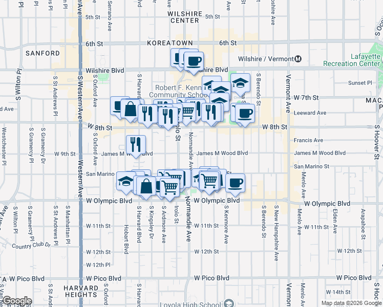 map of restaurants, bars, coffee shops, grocery stores, and more near S Normandie Ave & James M Wood Blvd in Los Angeles