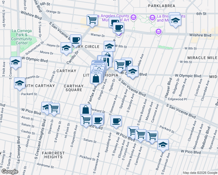 map of restaurants, bars, coffee shops, grocery stores, and more near 1064 South Orange Grove Avenue in Los Angeles