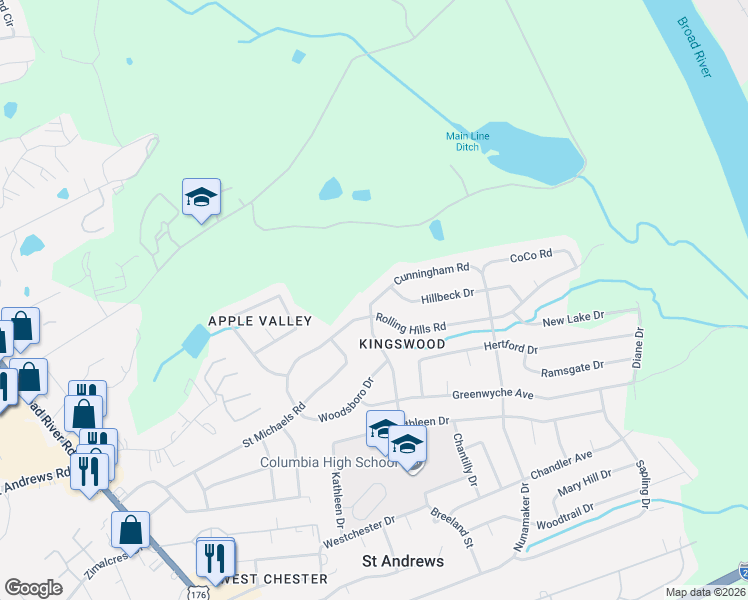 map of restaurants, bars, coffee shops, grocery stores, and more near 1910 Cunningham Road in Columbia
