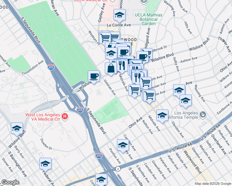 map of restaurants, bars, coffee shops, grocery stores, and more near 10996 Wellworth Avenue in Los Angeles