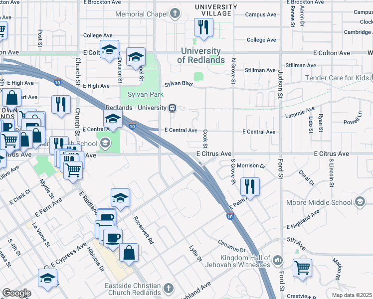 map of restaurants, bars, coffee shops, grocery stores, and more near in Redlands
