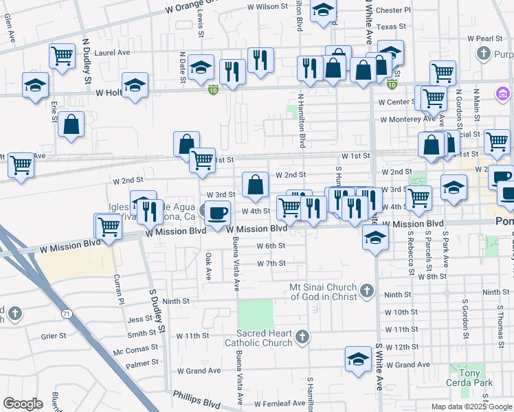 map of restaurants, bars, coffee shops, grocery stores, and more near 1241 West 4th Street in Pomona